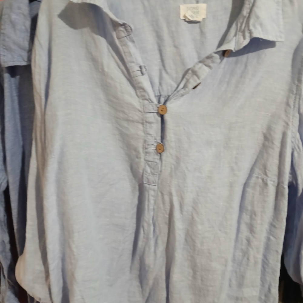 Women's Linen Button-Up Tops - Pink, Blue, and Coral Rolled Up Sleeves - Picture 3 of 14